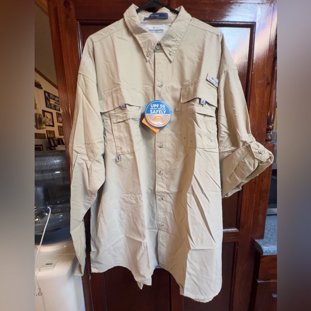 Men’s size 2X tall Columbia Bahamas II long sleeve shirt, tan, and color